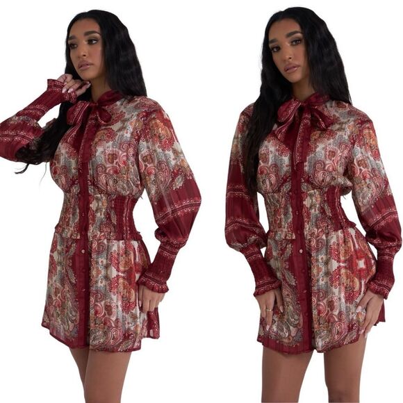 Aria Cove Printed Smocked Puff Sleeve Button Down Dress - Picture 11 of 12